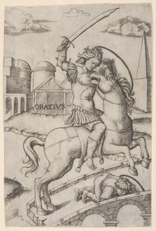 Horatius Cocles on horseback, trampling a fallen soldier, ca. 1510-27. Creator: Marcantonio Raimondi