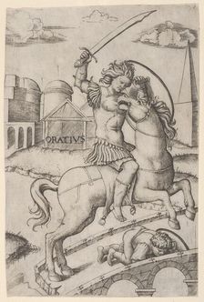 Horatius Cocles on horseback, trampling a fallen soldier, ca. 1510-27. Creator: Marcantonio Raimondi