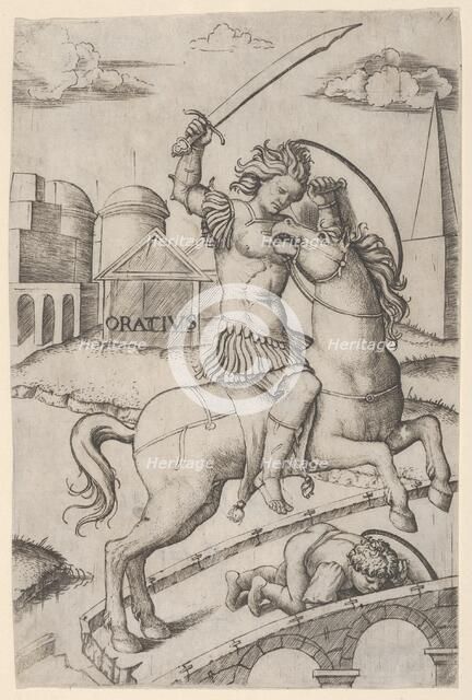 Horatius Cocles on horseback, trampling a fallen soldier, ca. 1510-27. Creator: Marcantonio Raimondi.