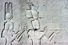 Horizontal detail of a relief of Cleopatra and Caesarion ,Temple of Hathor, c125 BC - c60 AD