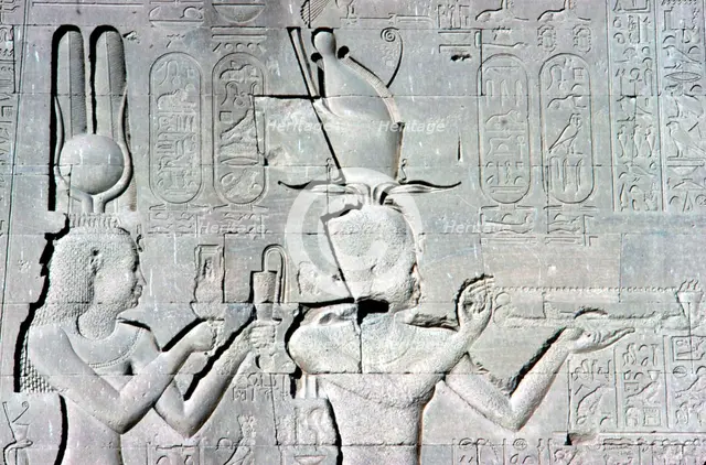 Horizontal detail of a relief of Cleopatra and Caesarion ,Temple of Hathor, c125 BC - c60 AD. Artist: Unknown