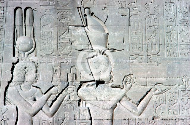 Horizontal detail of a relief of Cleopatra and Caesarion ,Temple of Hathor, c125 BC - c60 AD. Artist: Unknown