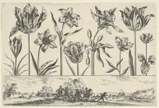 Horizontal Panel with a Row of Flowers Above a Frieze with a Battle Scene in a Landscape, ..., 1645. Creator: Nicolas Cochin