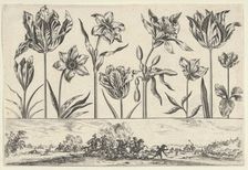 Horizontal Panel with a Row of Flowers Above a Frieze with a Battle Scene in a Landscape, ..., 1645. Creator: Nicolas Cochin