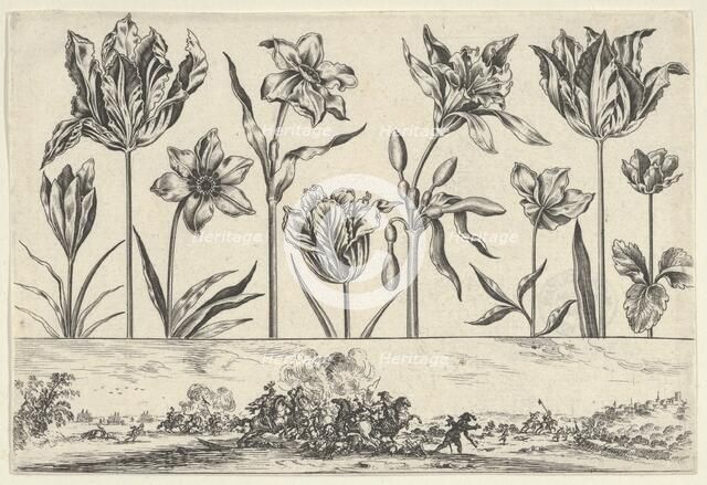 Horizontal Panel with a Row of Flowers Above a Frieze with a Battle Scene in a Landscape, ..., 1645. Creator: Nicolas Cochin.