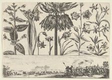 Horizontal Panel with a Row of Flowers Above a Frieze with a Battle Scene in a Landscape, ..., 1645. Creator: Nicolas Cochin
