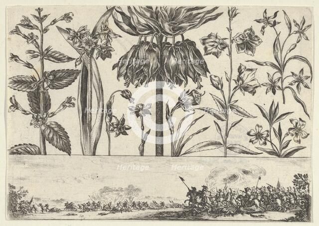 Horizontal Panel with a Row of Flowers Above a Frieze with a Battle Scene in a Landscape, ..., 1645. Creator: Nicolas Cochin.