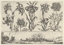 Horizontal Panel with a Row of Flowers Above a Frieze with a Battle Scene in a Landscape, ..., 1645. Creator: Nicolas Cochin
