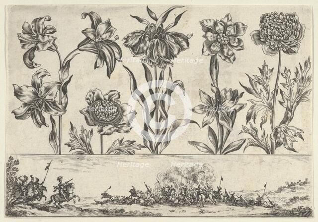 Horizontal Panel with a Row of Flowers Above a Frieze with a Battle Scene in a Landscape, ..., 1645. Creator: Nicolas Cochin.