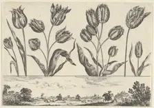 Horizontal Panel with a Row of Flowers Above a Frieze with a Hunting Scene in a Landscape,..., 1645. Creator: Nicolas Cochin