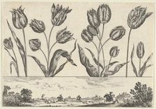 Horizontal Panel with a Row of Flowers Above a Frieze with a Hunting Scene in a Landscape,..., 1645. Creator: Nicolas Cochin