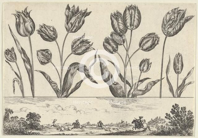 Horizontal Panel with a Row of Flowers Above a Frieze with a Hunting Scene in a Landscape,..., 1645. Creator: Nicolas Cochin.