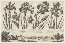 Horizontal Panel with a Row of Flowers Above a Frieze with a Hunting Scene in a Landscape,..., 1645. Creator: Nicolas Cochin
