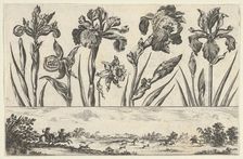 Horizontal Panel with a Row of Flowers Above a Frieze with a Hunting Scene in a Landscape,..., 1645. Creator: Nicolas Cochin