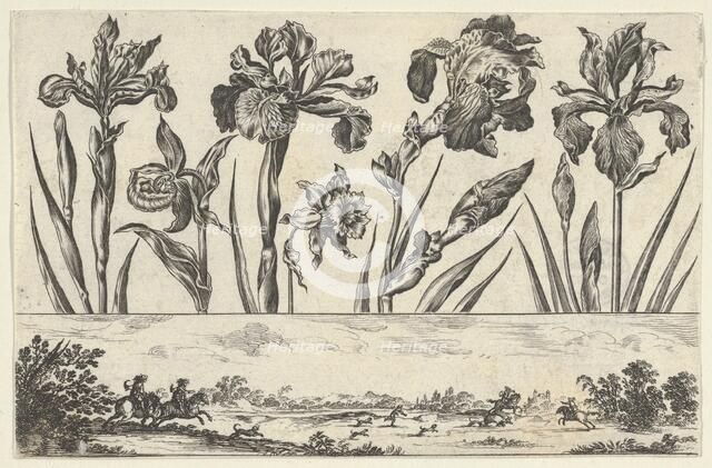 Horizontal Panel with a Row of Flowers Above a Frieze with a Hunting Scene in a Landscape,..., 1645. Creator: Nicolas Cochin.