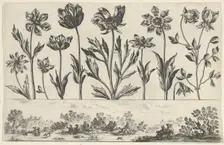 Horizontal Panel with a Row of Flowers Above a Frieze with Figures in a Landscape, from Li..., 1645. Creator: Nicolas Cochin
