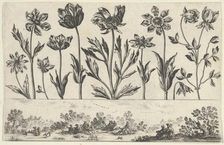 Horizontal Panel with a Row of Flowers Above a Frieze with Figures in a Landscape, from Li..., 1645. Creator: Nicolas Cochin