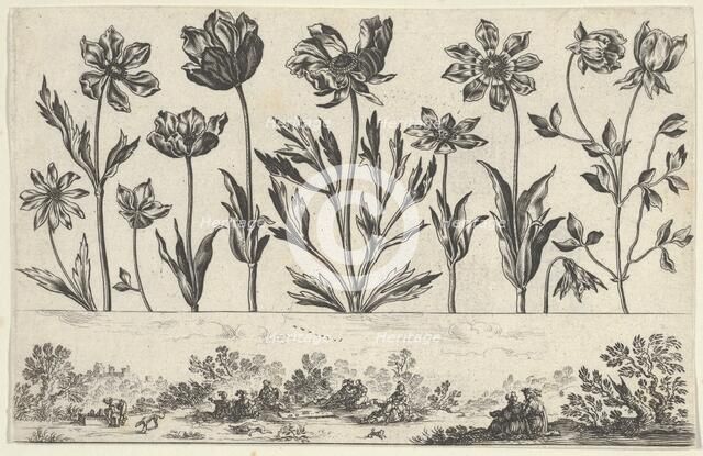 Horizontal Panel with a Row of Flowers Above a Frieze with Figures in a Landscape, from Li..., 1645. Creator: Nicolas Cochin.