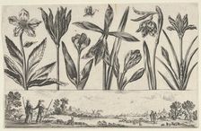 Horizontal Panel with a Row of Flowers Above a Frieze with Figures in a Landscape, from Li..., 1645. Creator: Nicolas Cochin