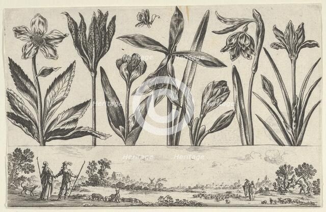 Horizontal Panel with a Row of Flowers Above a Frieze with Figures in a Landscape, from Li..., 1645. Creator: Nicolas Cochin.