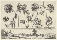 Horizontal Panel with a Row of Flowers Above a Frieze with Figures in a Landscape, from Li..., 1645. Creator: Nicolas Cochin