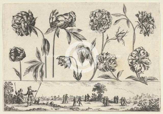 Horizontal Panel with a Row of Flowers Above a Frieze with Figures in a Landscape, from Li..., 1645. Creator: Nicolas Cochin.