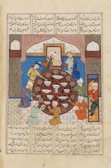 Hormuz Forces His High Priest to Eat Poisoned Food..., c1485-1495. Creators: Unknown, Ferdowsi