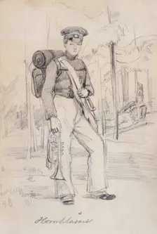 "Horn Blower". Young soldier with pack and instruments. (c1850s). Creator: Fritz von Dardel