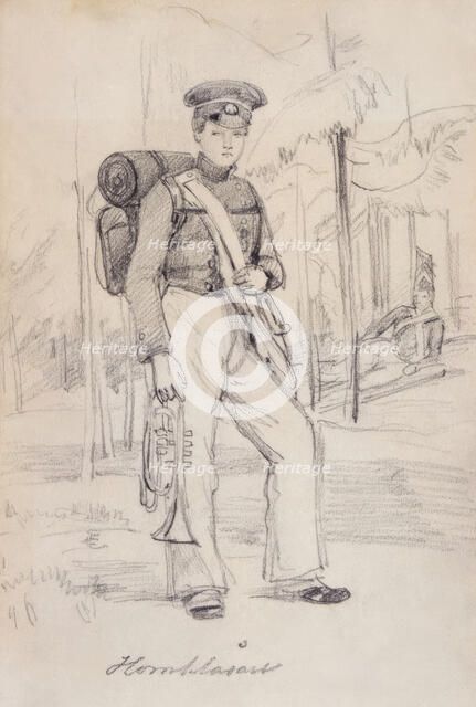 "Horn Blower". Young soldier with pack and instruments. (c1850s). Creator: Fritz von Dardel.