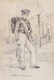 "Horn Blower". Young soldier with pack and instruments. (c1850s). Creator: Fritz von Dardel