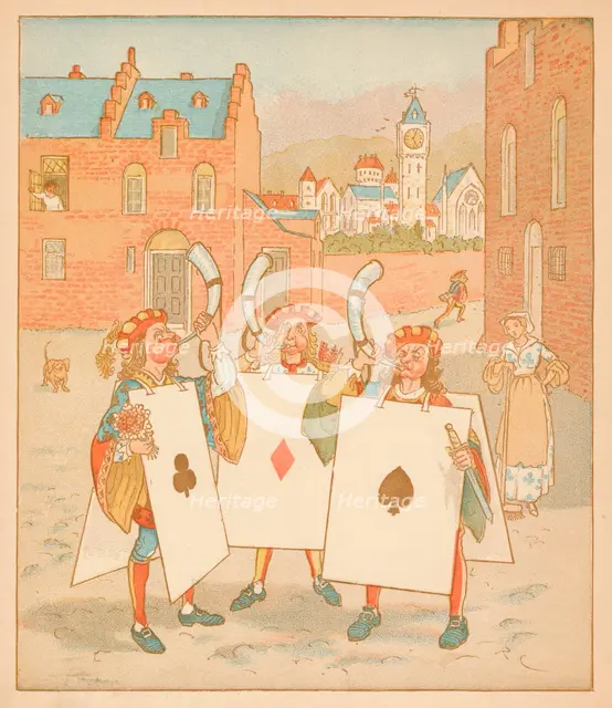 Horn-blowers wearing playing cards, 1880. Creator: Randolph Caldecott.