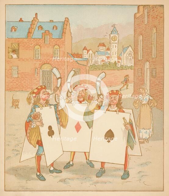 Horn-blowers wearing playing cards, 1880. Creator: Randolph Caldecott.
