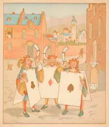Horn-blowers wearing playing cards, 1880. Creator: Randolph Caldecott