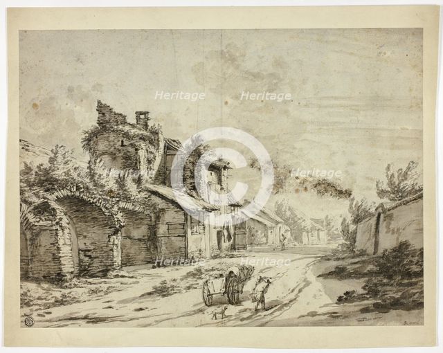 Horse, Cart and Peasants on Road by Old Houses, n.d. Creator: Pieter Mulier the younger.