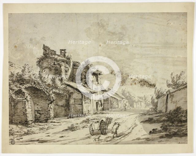 Horse, Cart and Peasants on Road by Old Houses, n.d. Creator: Pieter Mulier the younger.