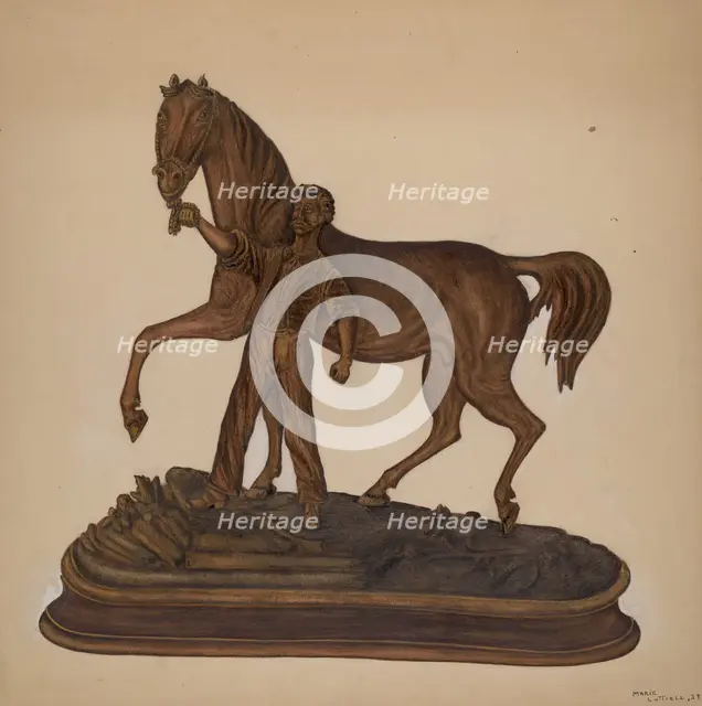 Horse and Man Woodcarving, 1939. Creator: Marie Lutrell.