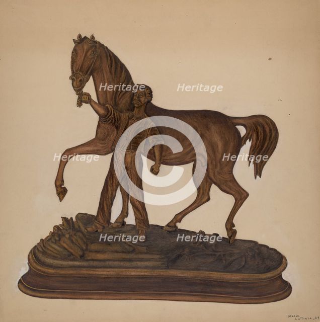 Horse and Man Woodcarving, 1939. Creator: Marie Lutrell.