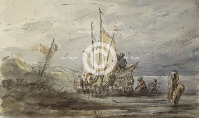 Horse and carriage on a shore near a sailing ship, 1839. Creator: Johannes Tavenraat.