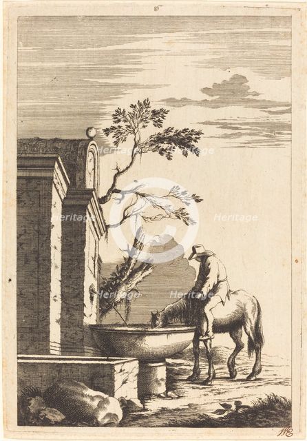 Horse and Rider at a Fountain, c. 1650. Creator: Bernhard Zaech.