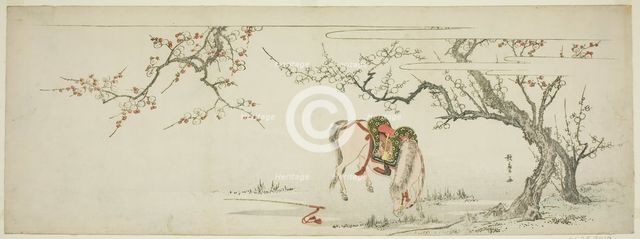 Horse beneath a Flowering Plum Tree, Japan, c. 1797/99. Creator: Kitagawa Utamaro.