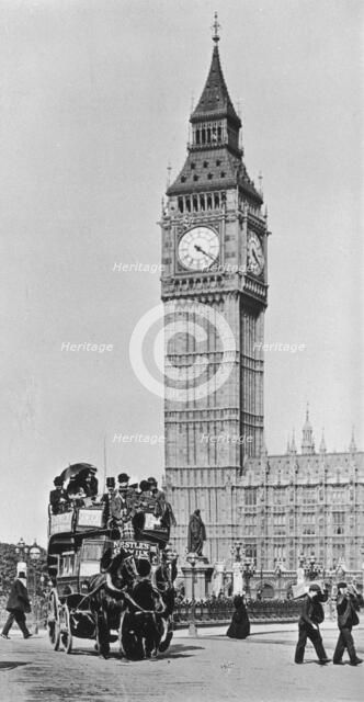 Horse bus in front of Big Ben, Westminster, London, late 19th-early 20th century. Artist: Unknown