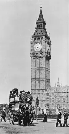 Horse bus in front of Big Ben, Westminster, London, late 19th-early 20th century. Creator: Unknown