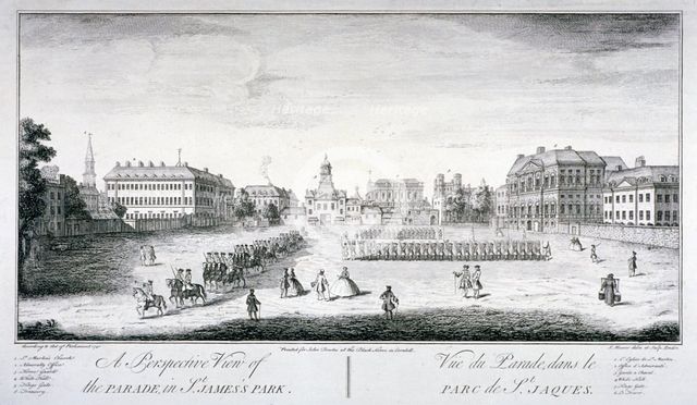 Horse Guards Parade from St James's Park, Westminster, London, 1740. Artist: John Maurer
