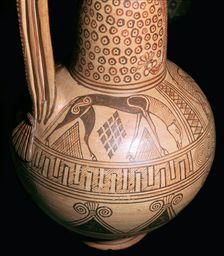 Horse detail from a jug with a griffin-head spout, Greek, c675-c650 BC