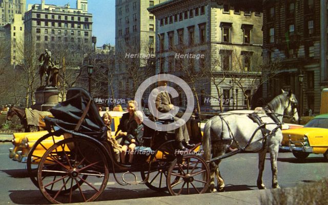 Horse-drawn carriage on 59th Street, New York City, New York, USA, 1956. Artist: Unknown