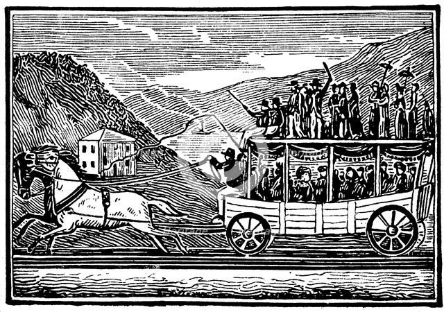 Horse-drawn carriage on the Baltimore and Ohio Railroad c1830. Artist: Unknown