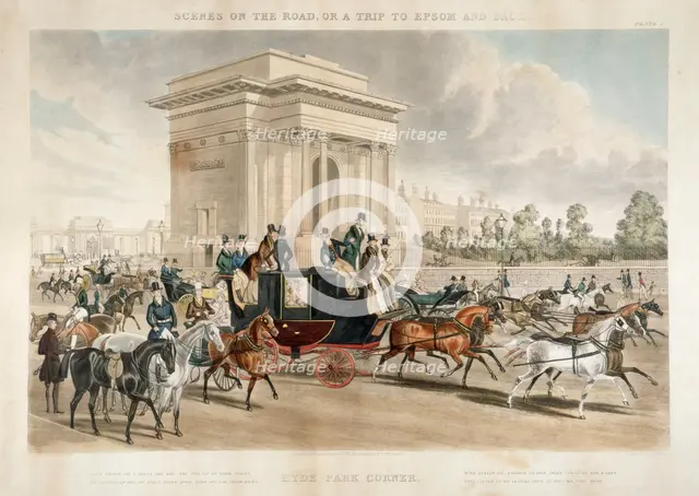 Horse drawn carriages along Hyde Park Corner, London, 1838. Creator: J Harris.