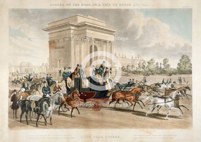 Horse drawn carriages along Hyde Park Corner, London, 1838. Creator: J Harris.
