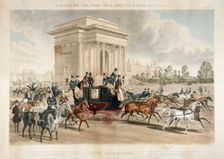Horse drawn carriages along Hyde Park Corner, London, 1838. Creator: J Harris