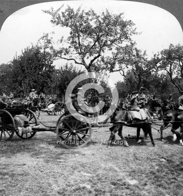 Horse-drawn artillery, World War I, 1914-1918.Artist: Realistic Travels Publishers